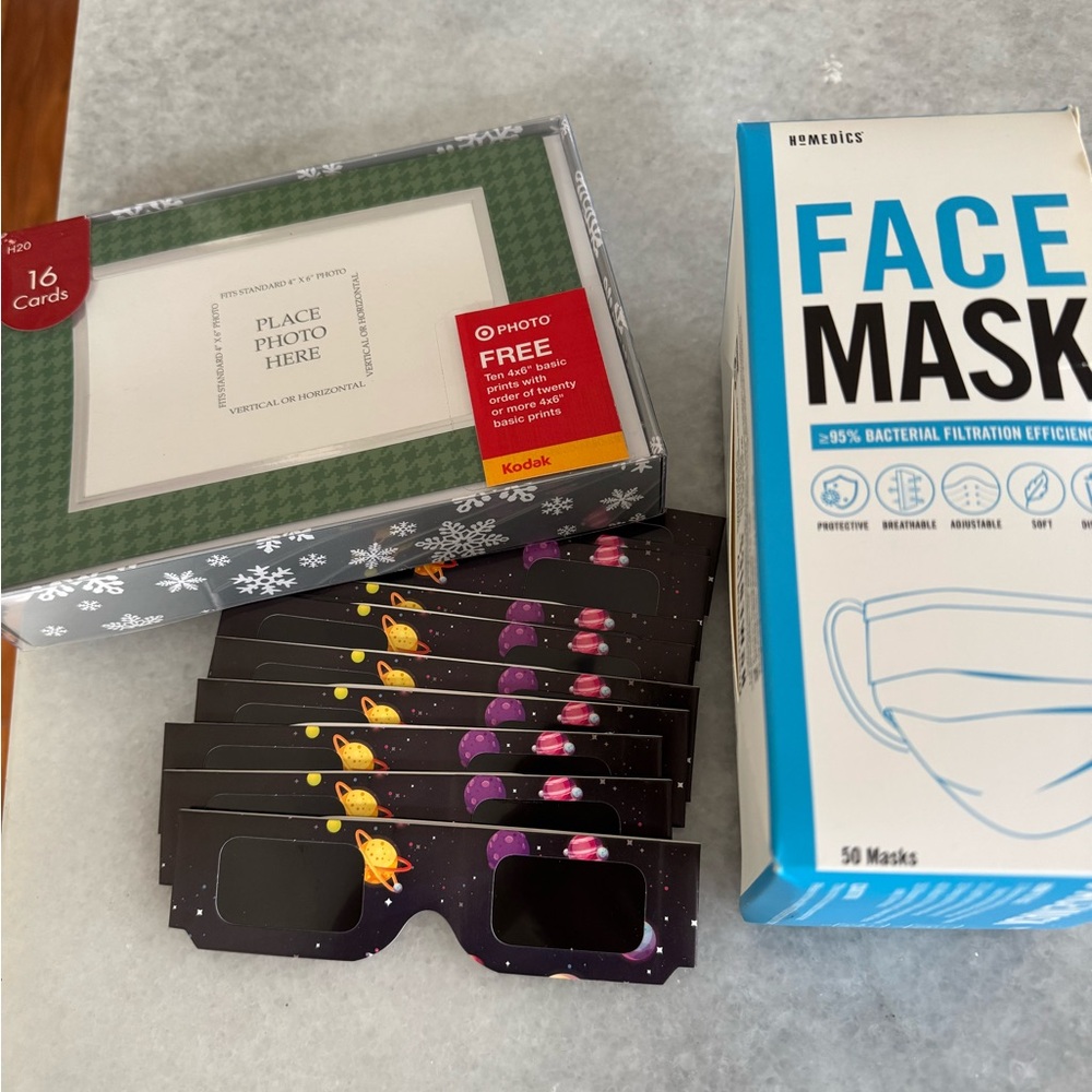 Photo cards, Face masks, Eclipse glasses